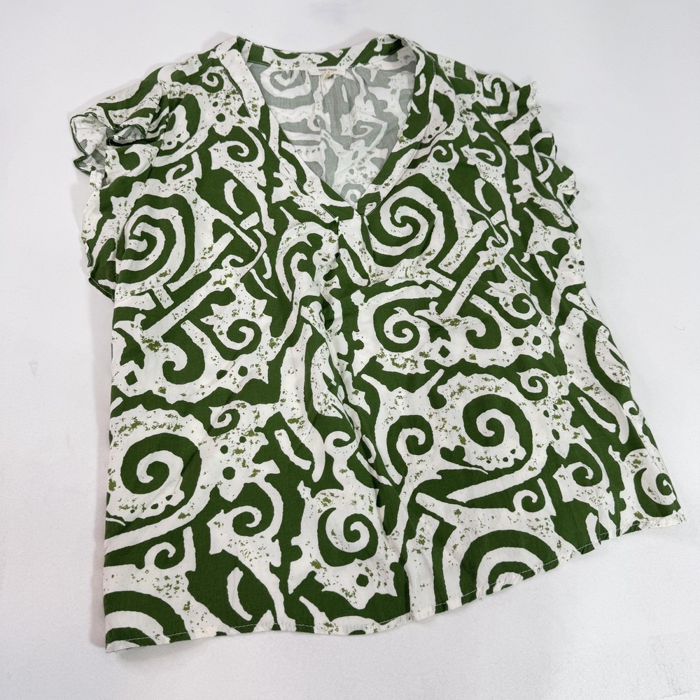 Haute Hippie Style Blouse Womens 2X Green White Abstract Print V Neck Top